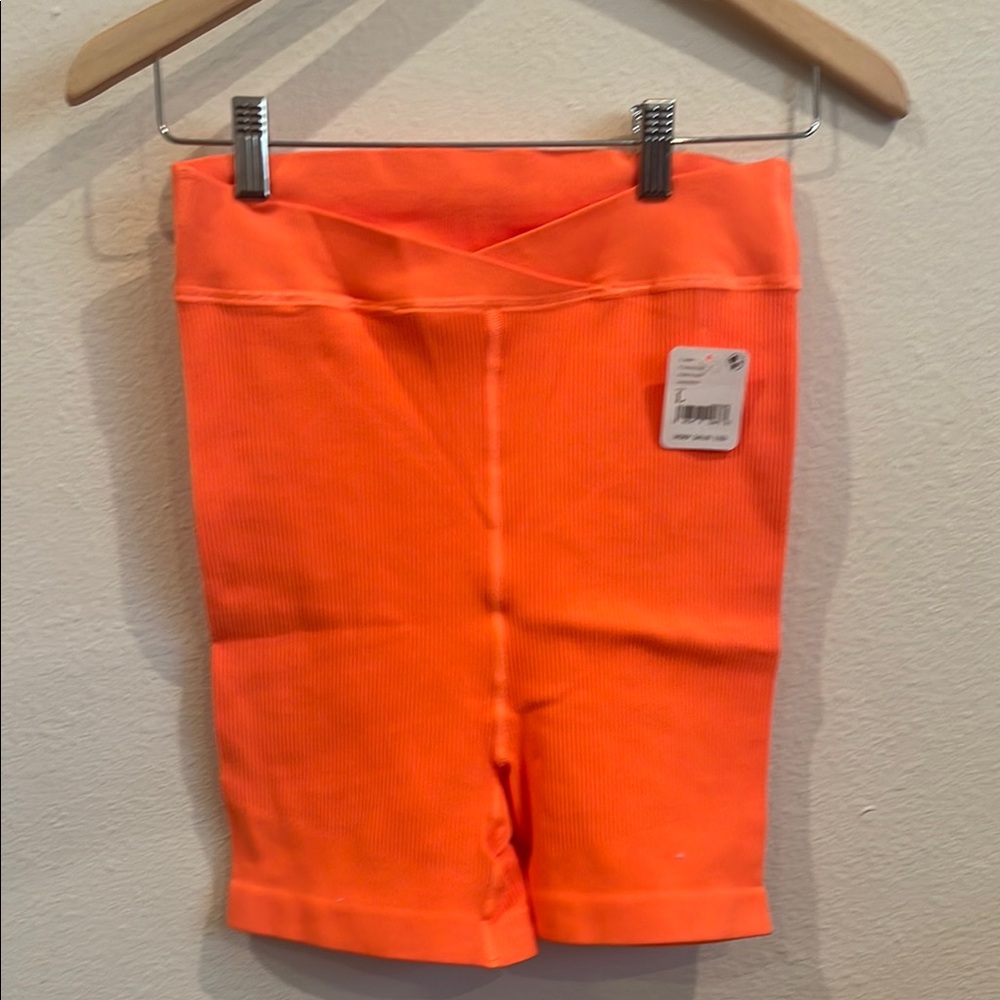 High-Waist Neon Orange Free People Movement Ribbed Bike Shorts L